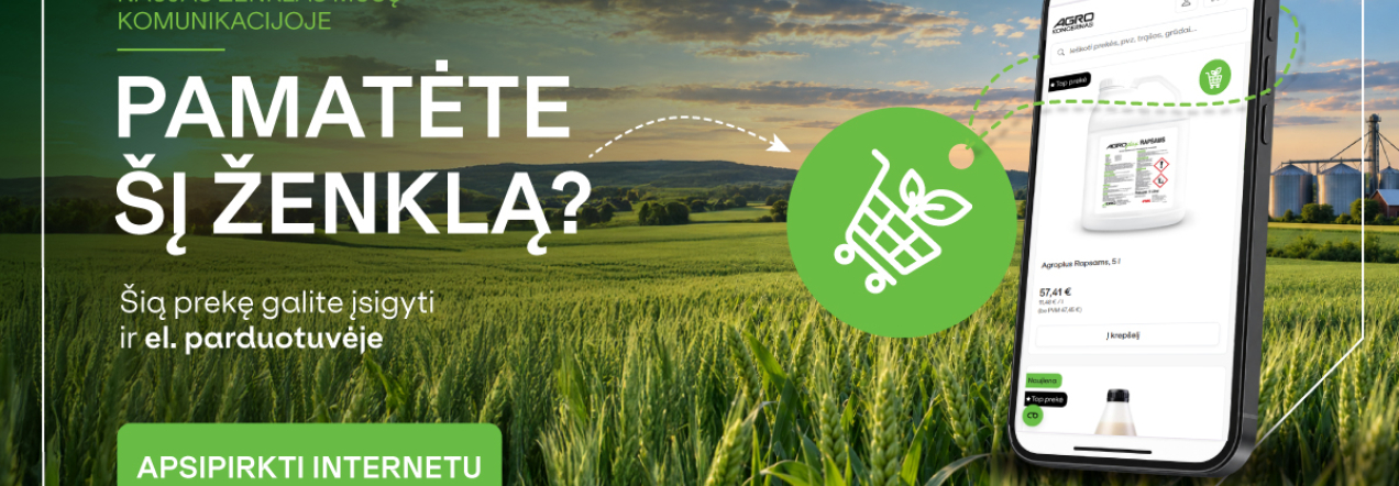 „EL. PARDUOTUVĖ“ ikona ir telefonas su „Agrokoncerno“ el. parduotuve javų lauko fone