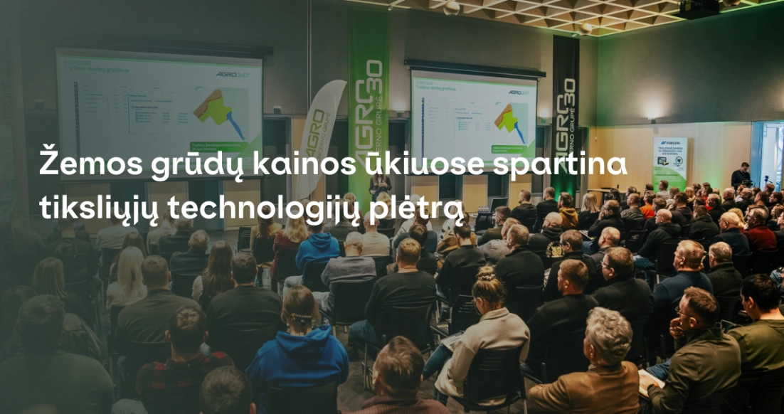 Ūkininkai ir žemės ūkio specialistai diskutuoja tiksliųjų technologijų konferencijoje.