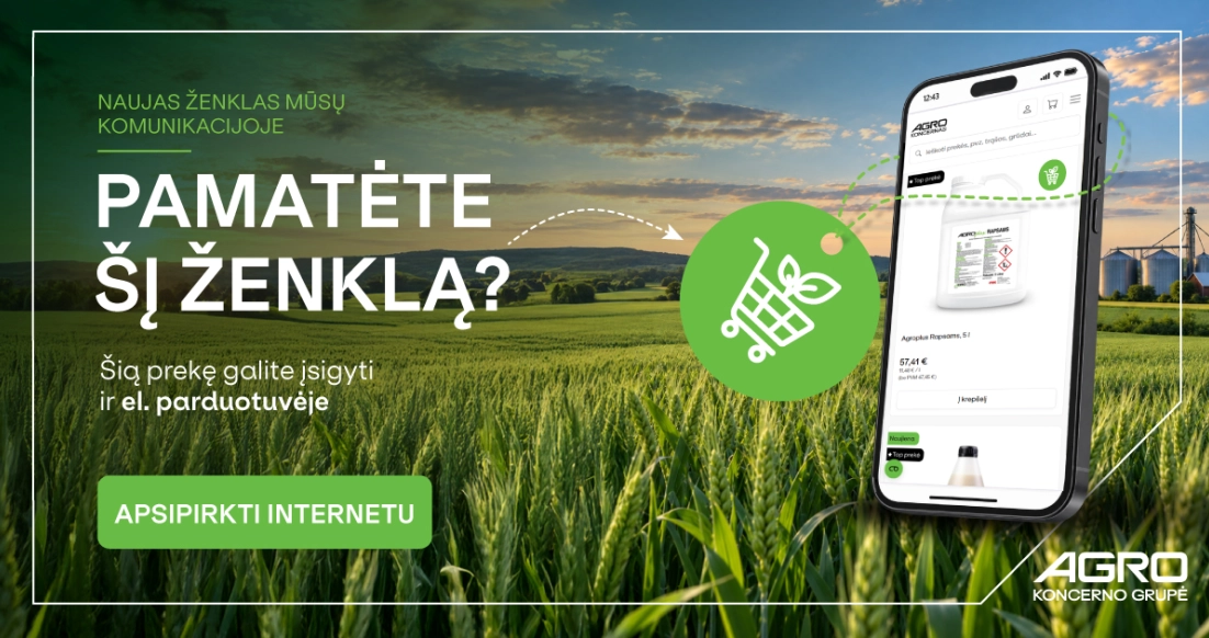 „EL. PARDUOTUVĖ“ ikona ir telefonas su „Agrokoncerno“ el. parduotuve javų lauko fone